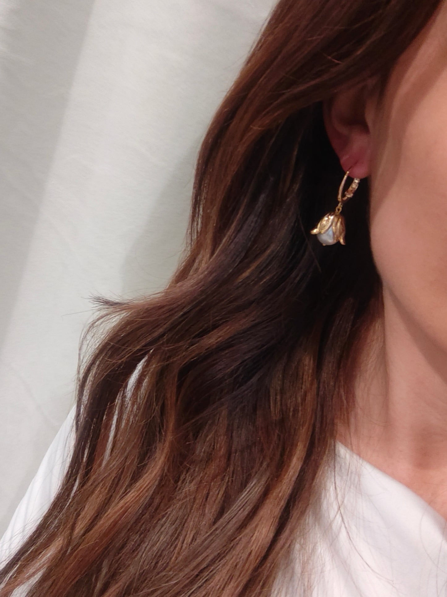 BLATHIN - Gold Floral Pearl Drop Earrings...