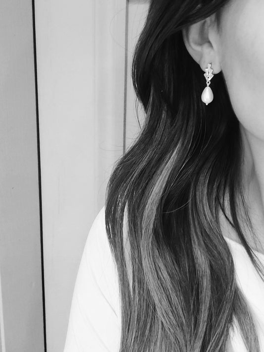EDITH - Silver Crystal & Pearl Drop Bridal Earrings
