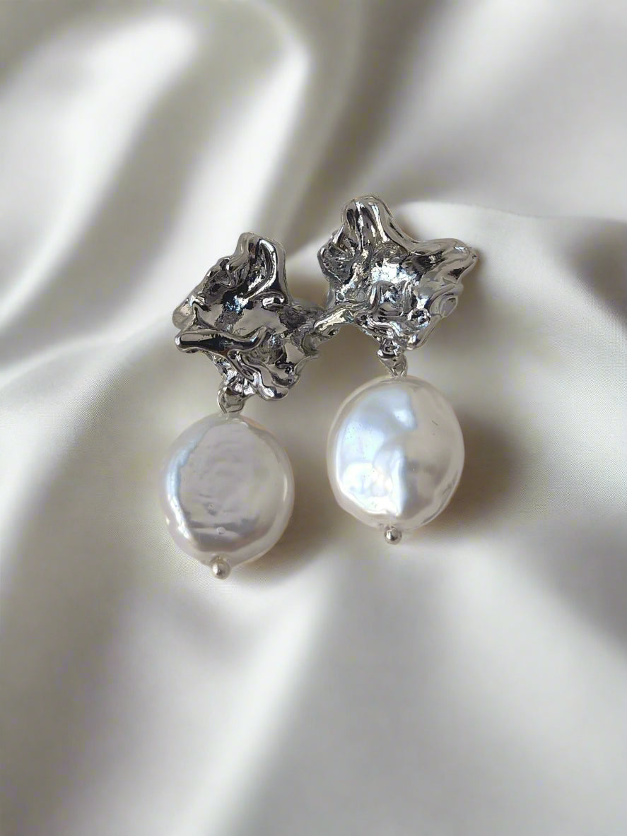 CORA - Silver & Pearl Contemporary Earrings