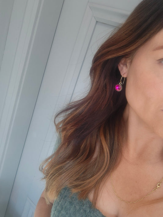 Bonnie - Crystal Gem Drop Earrings - Gold / Hot Pink