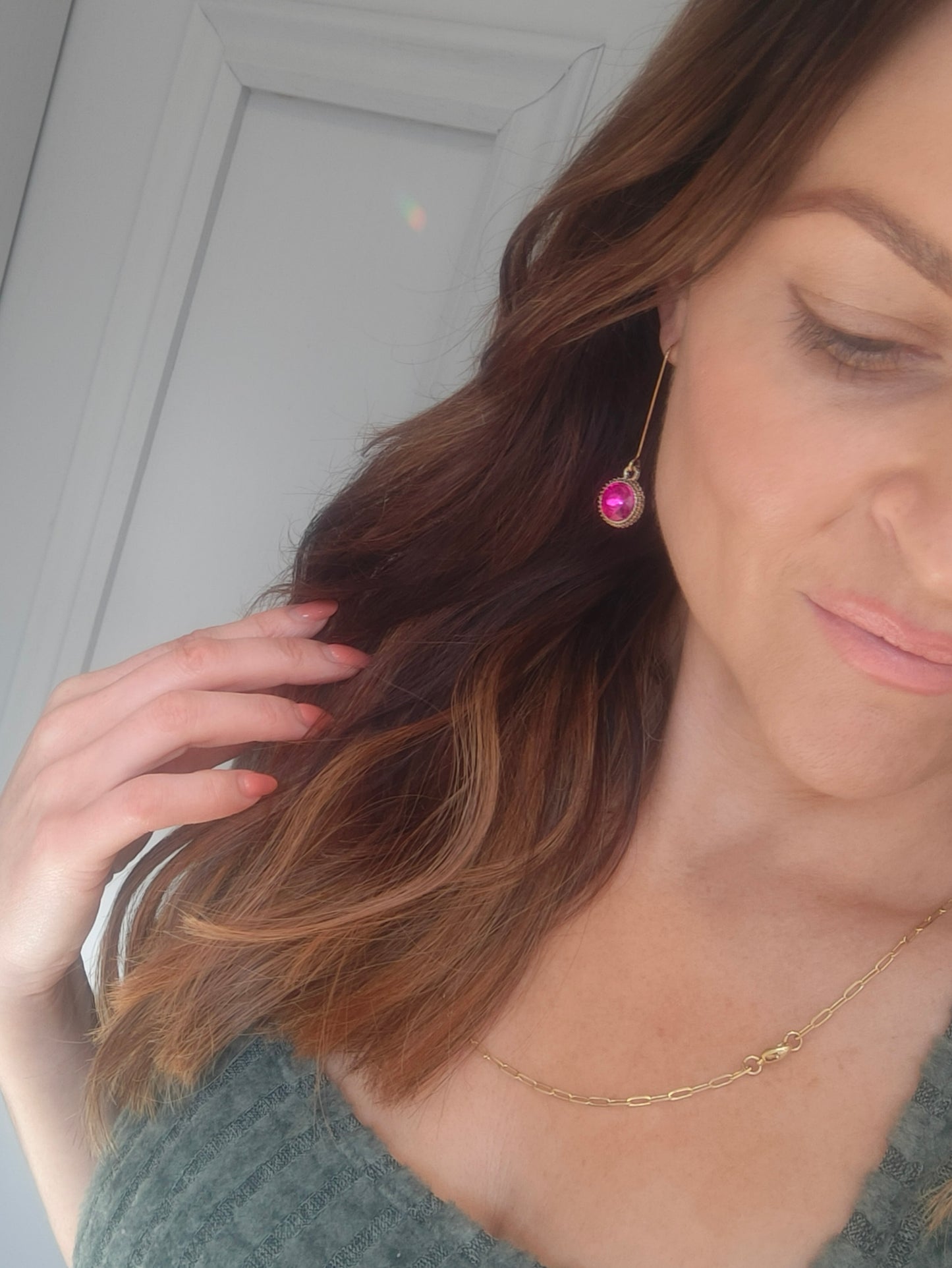 Connie - Crystal Gem Drop Earrings - Gold / Hot Pink