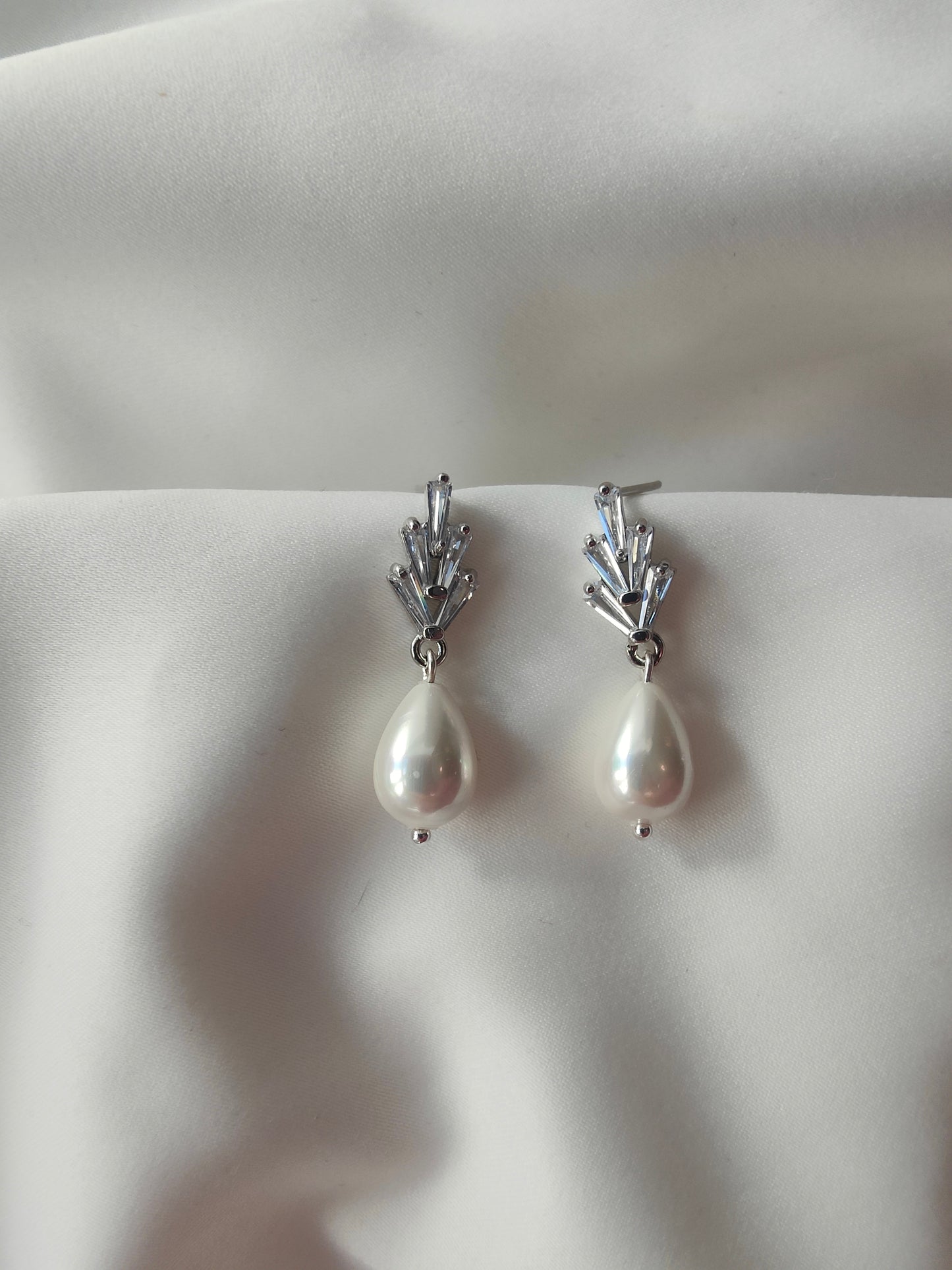 EDITH - Silver Crystal & Pearl Drop Bridal Earrings