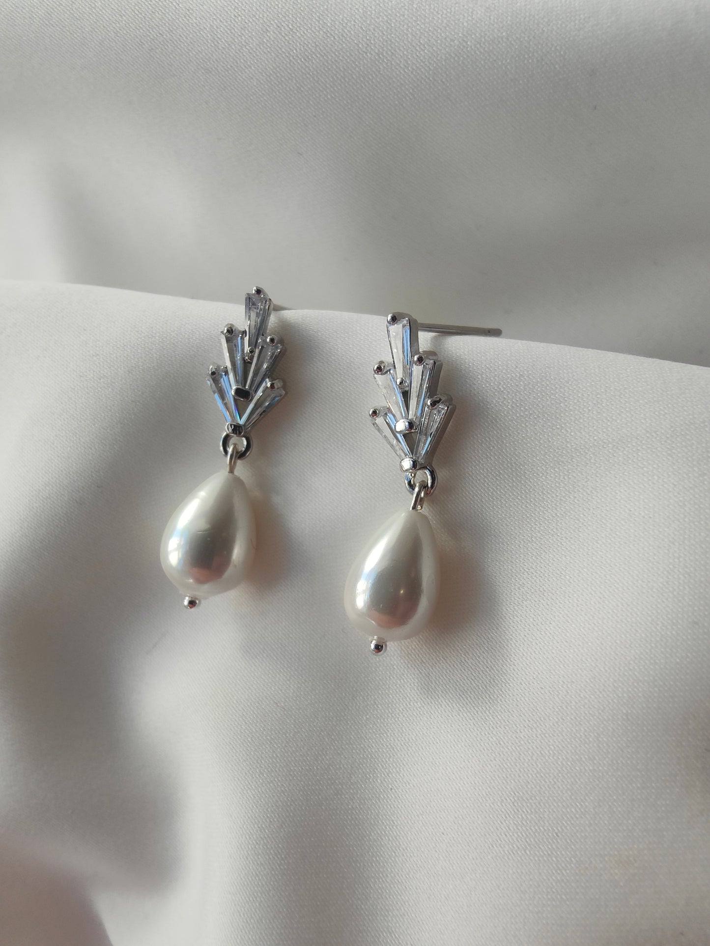 EDITH - Silver Crystal & Pearl Drop Bridal Earrings