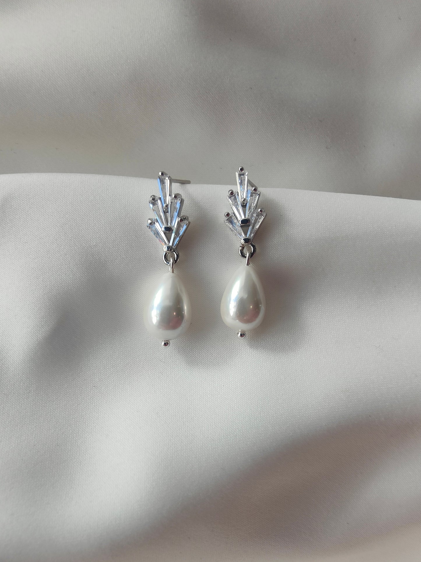 EDITH - Silver Crystal & Pearl Drop Bridal Earrings
