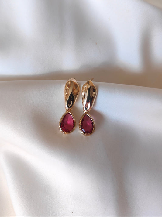 Kacey - Gold Gem Earrings - Deep Rose Pink
