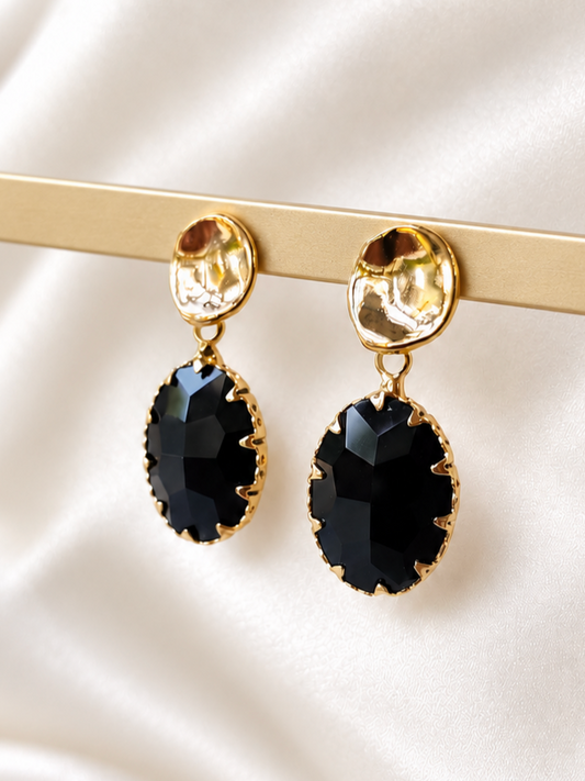 LUCY - Gold & crystal drop earring - Black