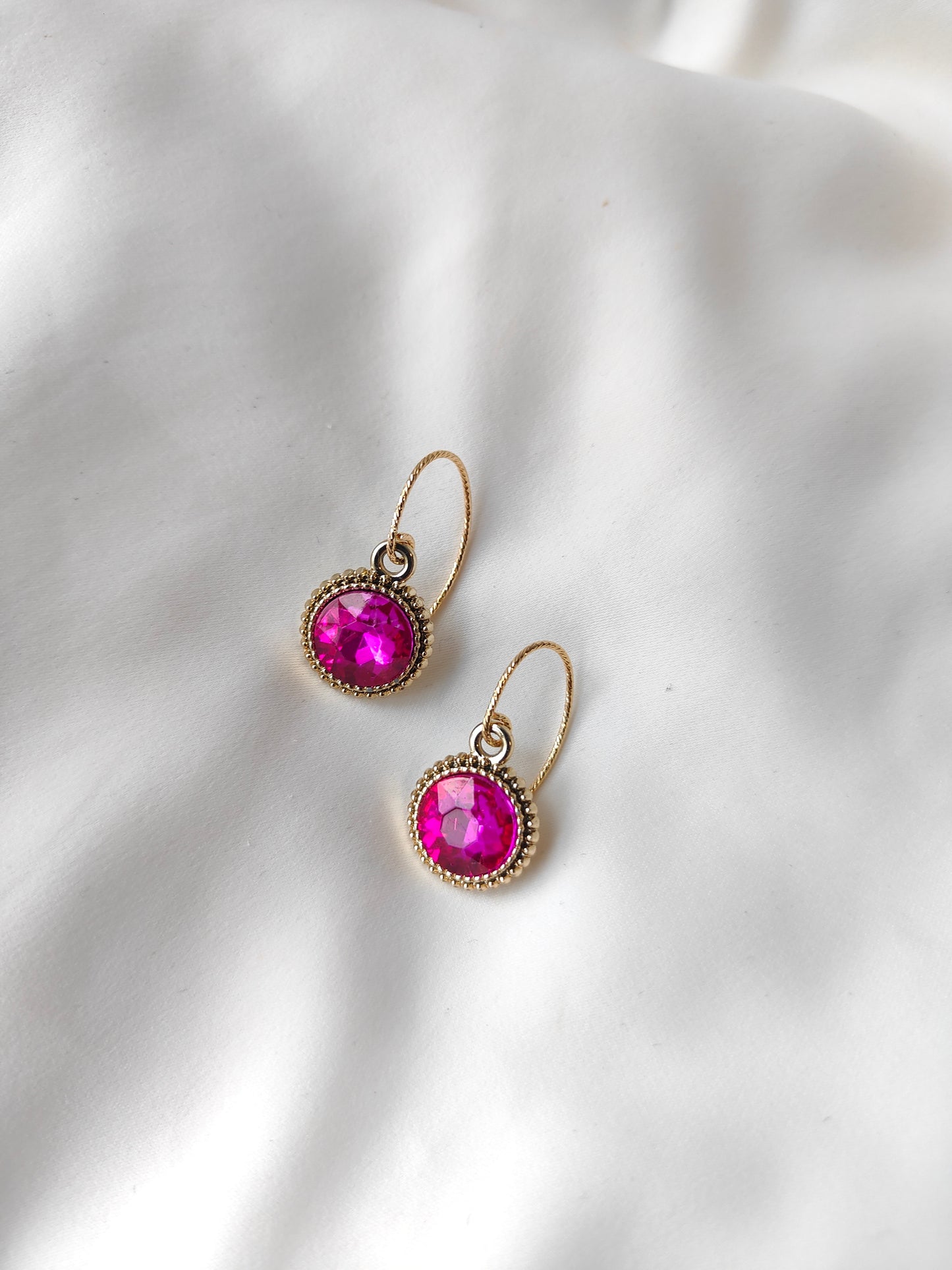 Bonnie - Crystal Gem Drop Earrings - Gold / Hot Pink