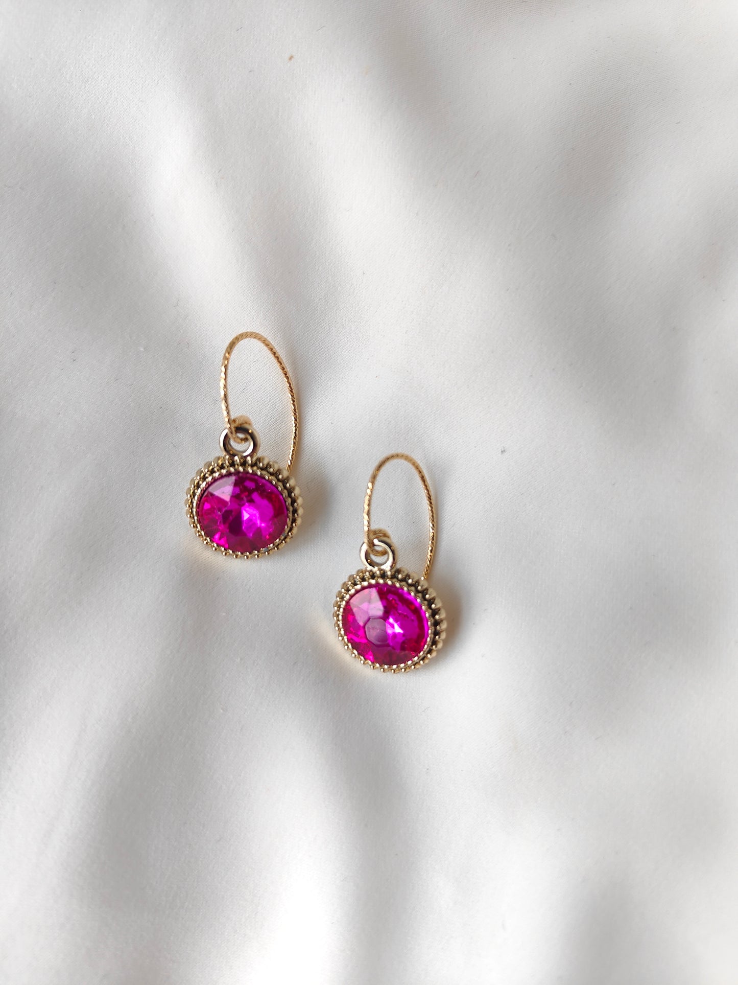 Bonnie - Crystal Gem Drop Earrings - Gold / Hot Pink
