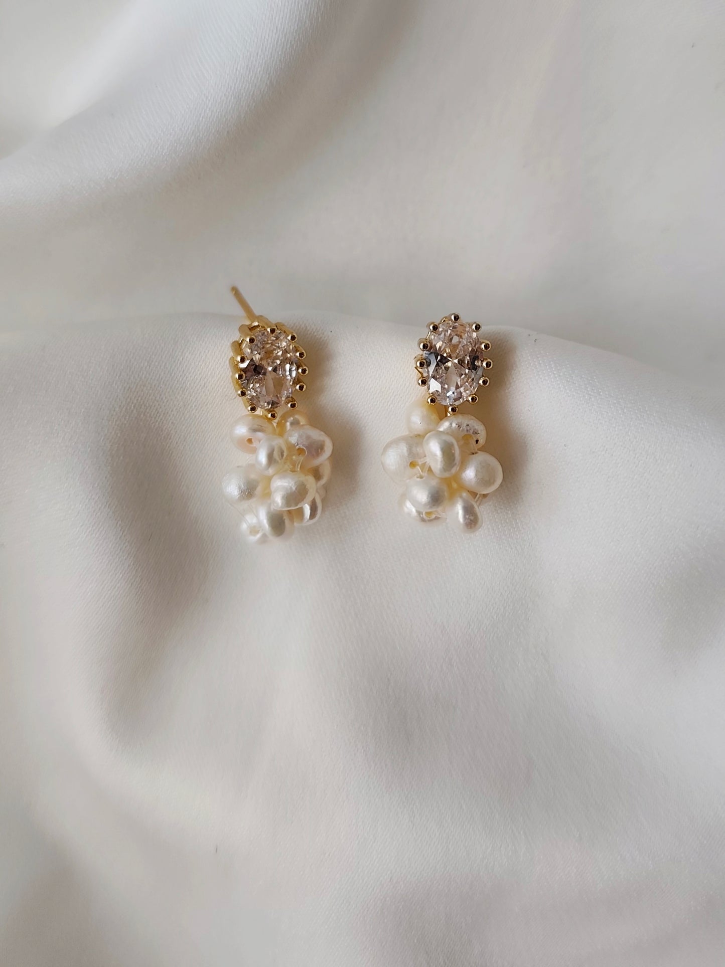 MATILDA - Petite Cluster Pearl & Crystal Drop Bridal Earrings Silver