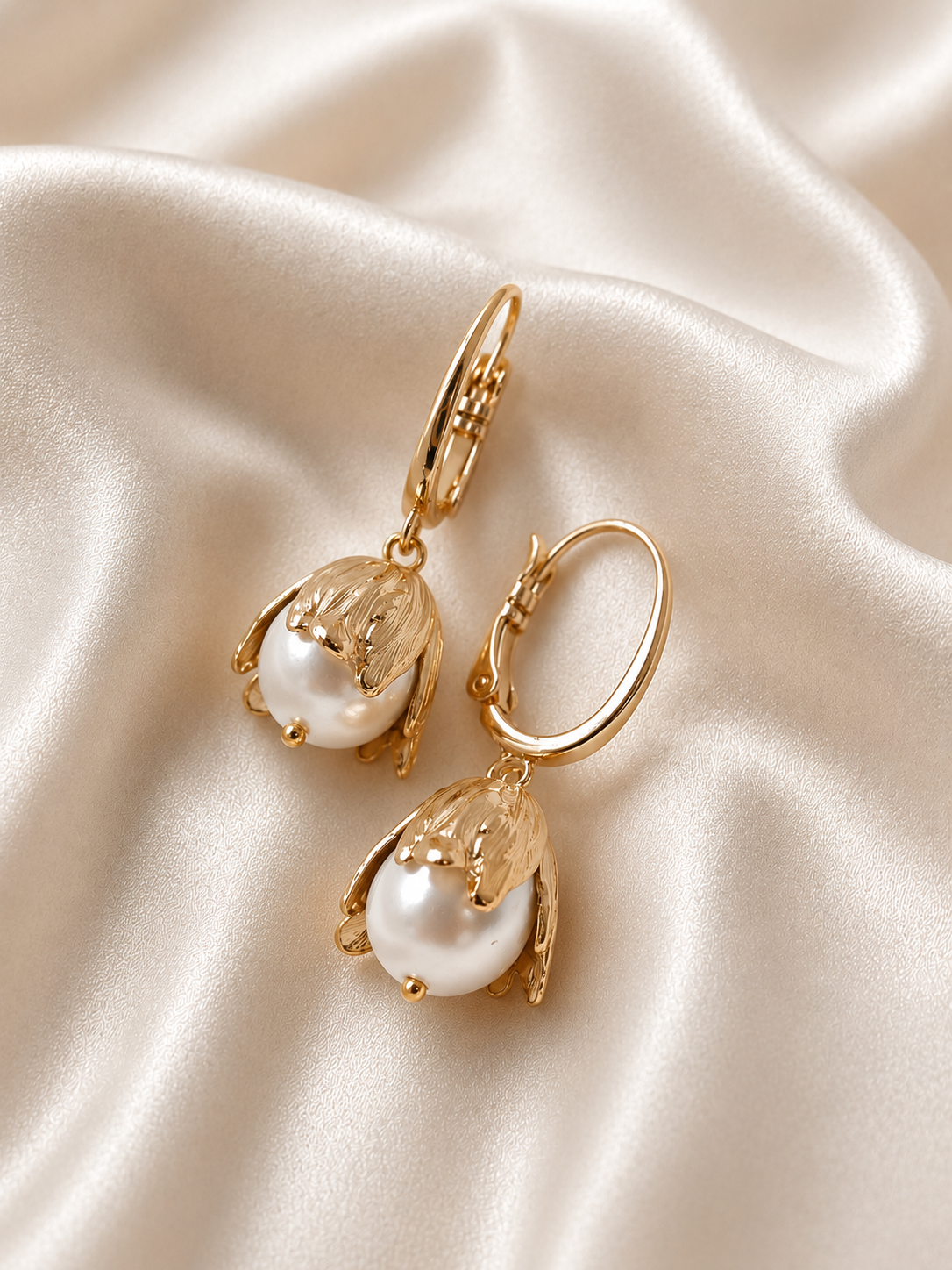 BLATHIN - Gold Floral Pearl Drop Earrings...