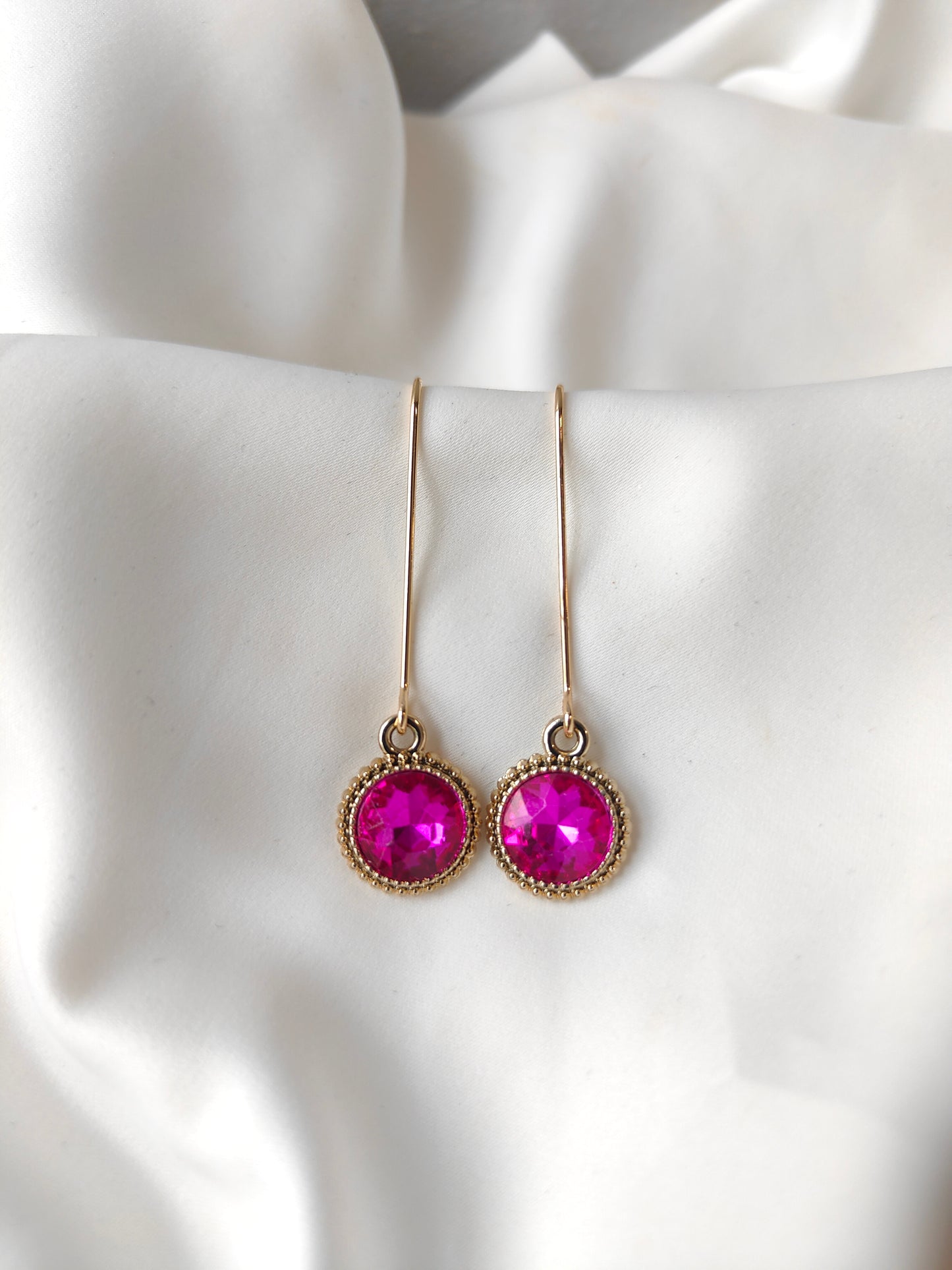 Connie - Crystal Gem Drop Earrings - Gold / Hot Pink