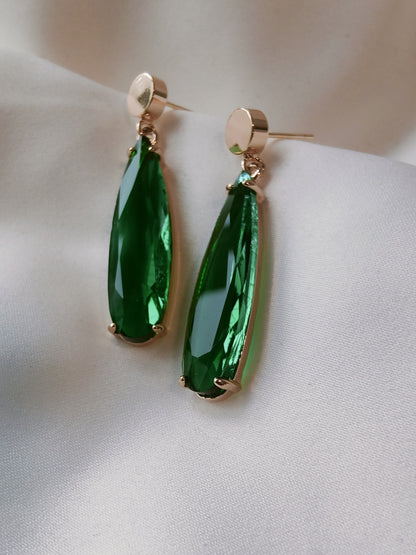 HELEN - Long Crystal Drop Earrings - Emerald
