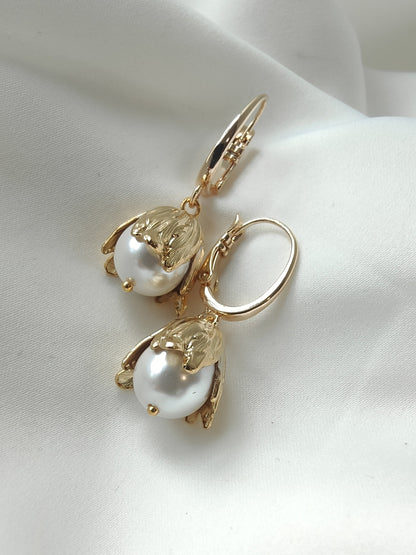 BLATHIN - Gold Floral Pearl Drop Earrings...