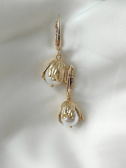 BLATHIN - Gold Floral Pearl Drop Earrings...