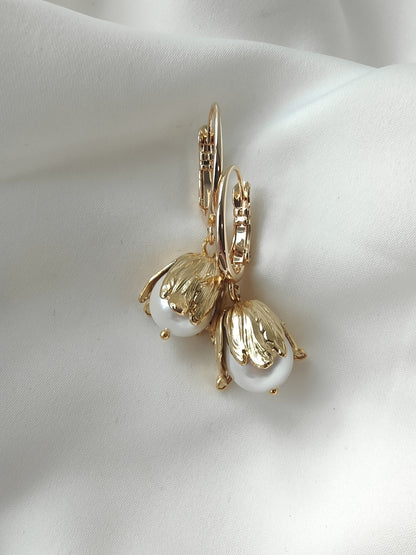 BLATHIN - Gold Floral Pearl Drop Earrings...