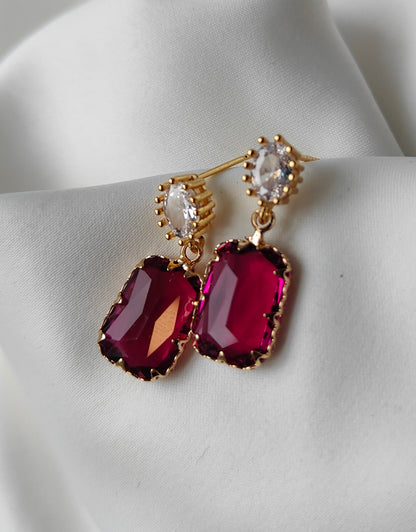 Vintage Double Gem Earring - Clear / Raspberry Pink