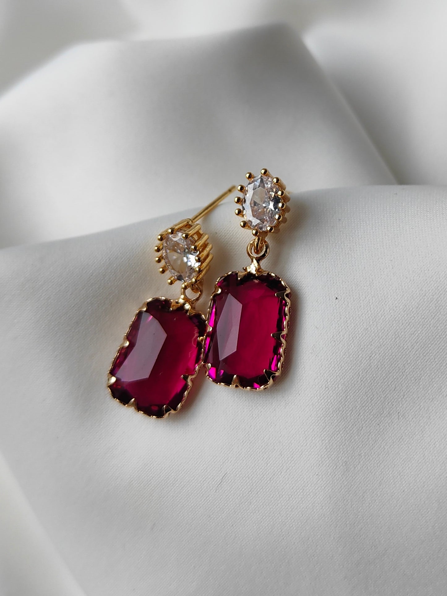Vintage Double Gem Earring - Clear / Raspberry Pink