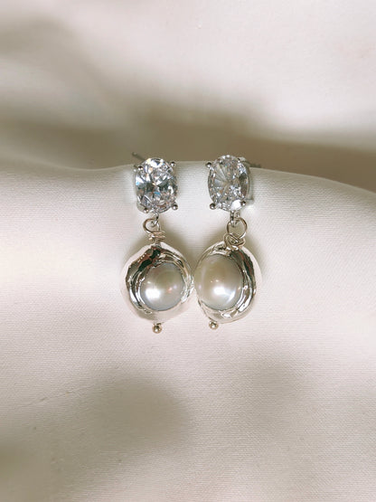 SERENA - Statement Pearl & Silver Bridal Earrings