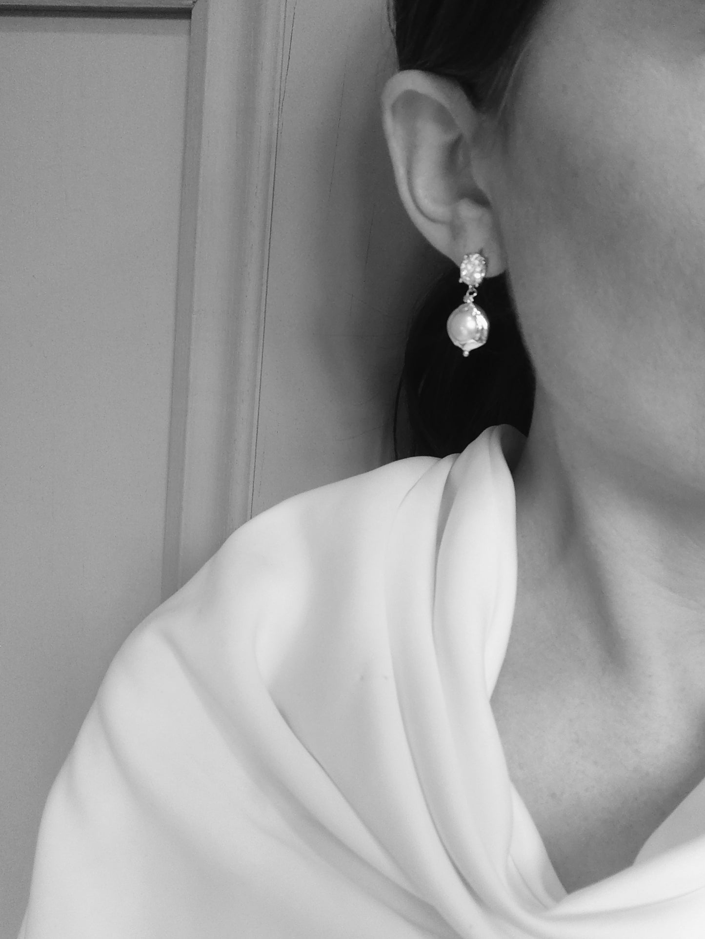 SERENA - Statement Pearl & Silver Bridal Earrings