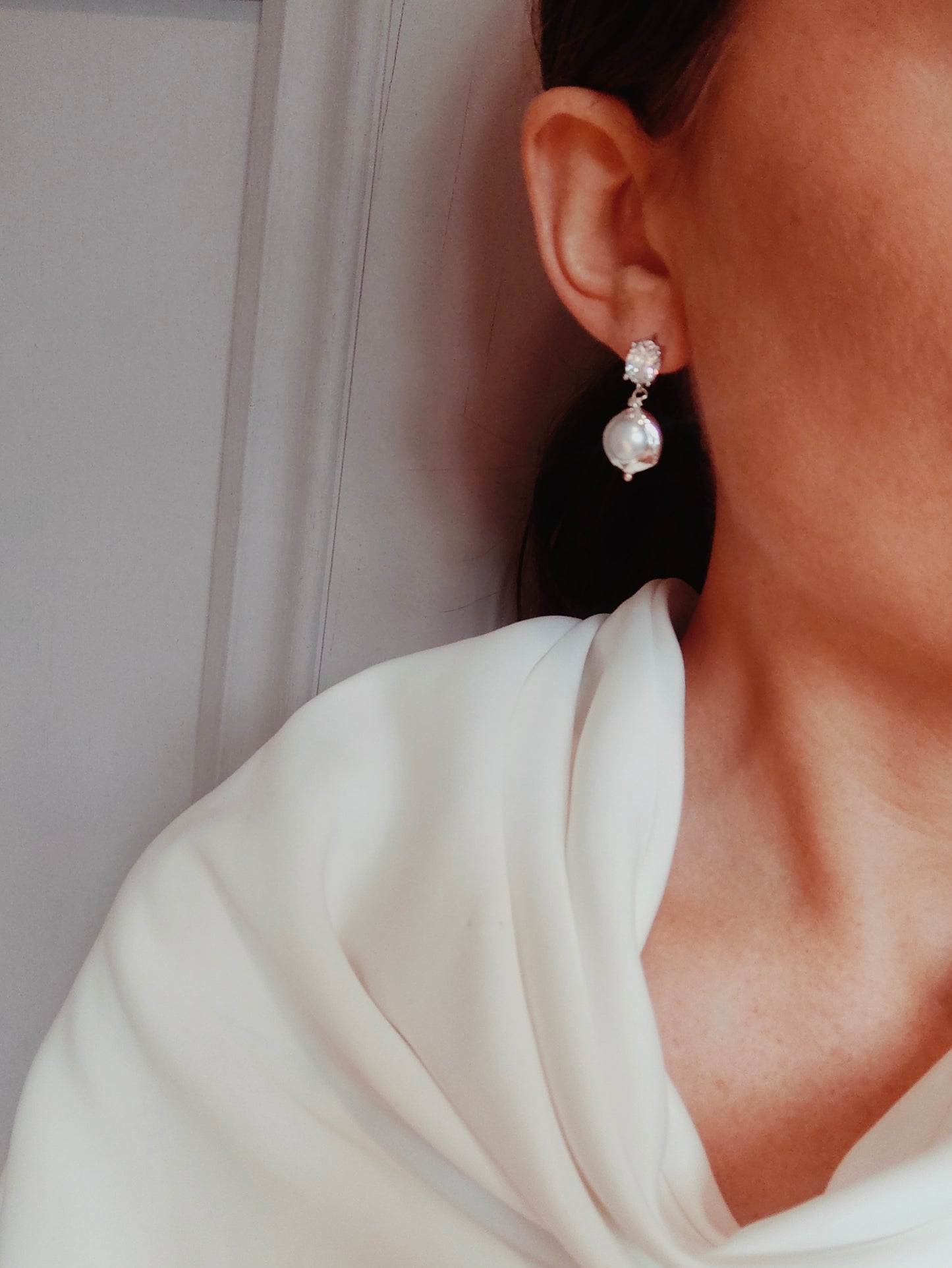 SERENA - Statement Pearl & Silver Bridal Earrings