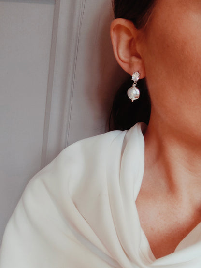 SERENA - Statement Pearl & Silver Bridal Earrings