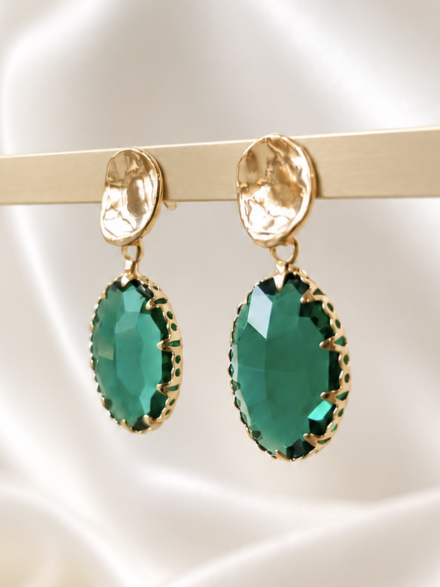 LUCY - Gold & crystal drop earring -Emerald Green