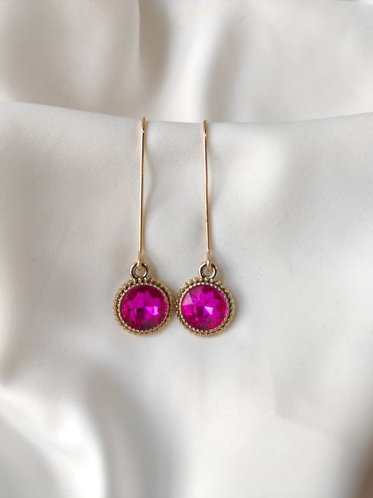 Connie - Crystal Gem Drop Earrings - Gold / Hot Pink