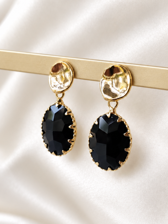 LUCY - Gold & crystal drop earring - Black