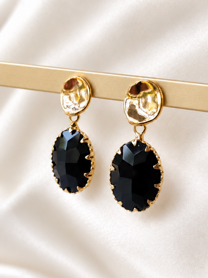 LUCY - Gold & crystal drop earring - Black