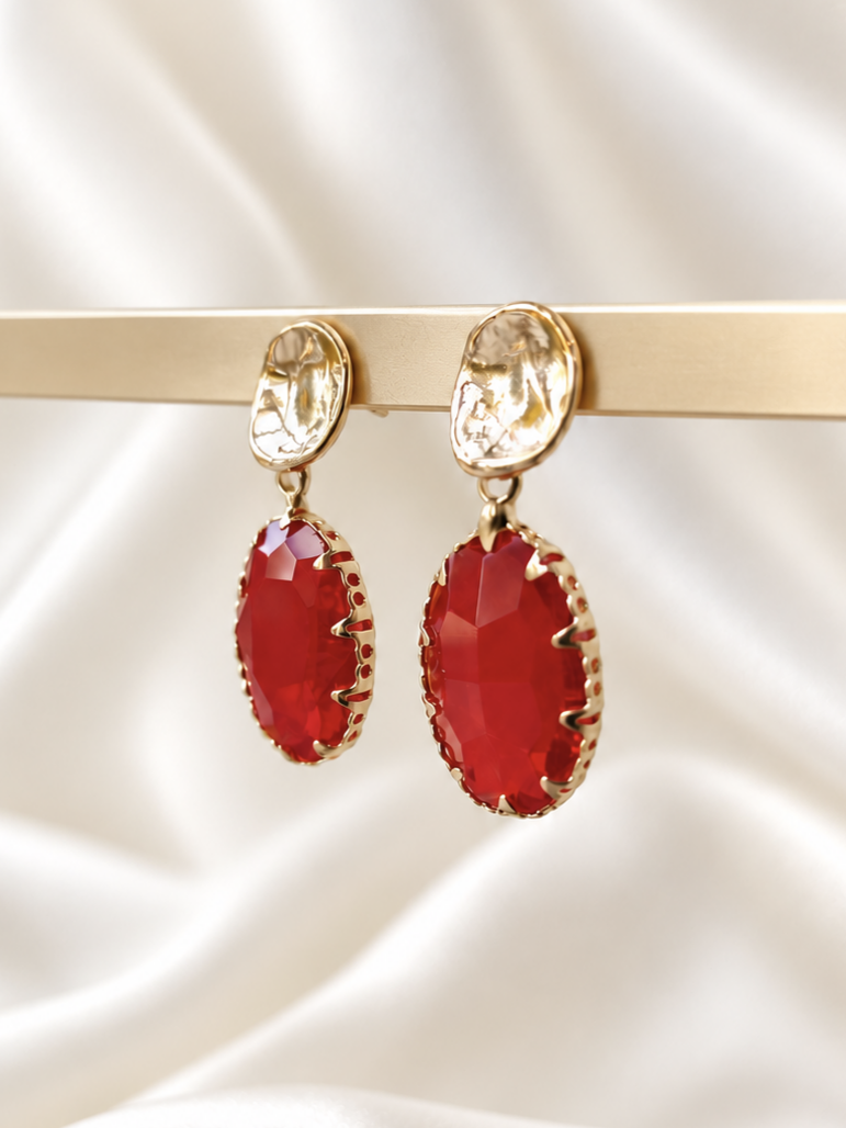 LUCY - Gold & crystal drop earring -Red