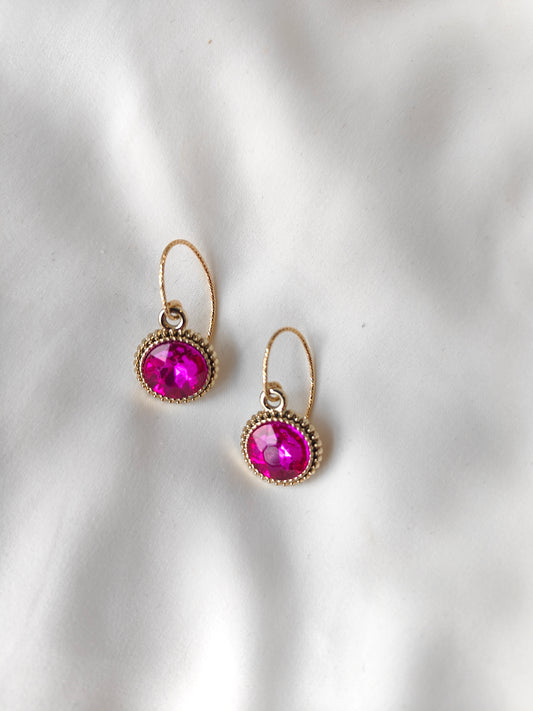 Bonnie - Crystal Gem Drop Earrings - Gold / Hot Pink