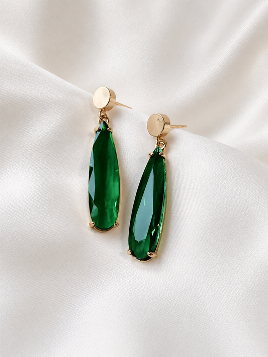 HELEN - Long Crystal Drop Earrings - Emerald