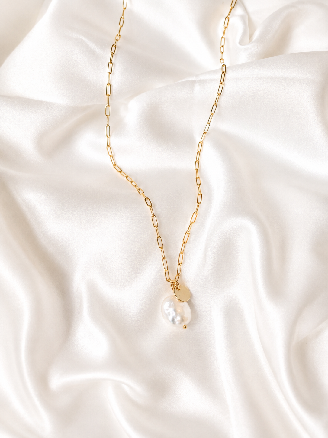 ESME Necklace - Contemporary Pearl & Coin Gold Link Necklace