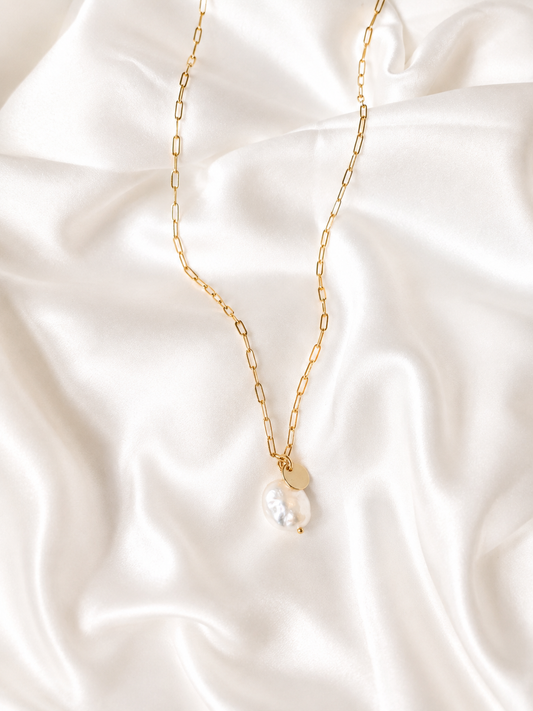 ESME Necklace - Contemporary Pearl & Coin Gold Link Necklace