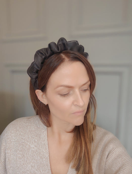 Petite Ruffle Headband - Black Faux Suede