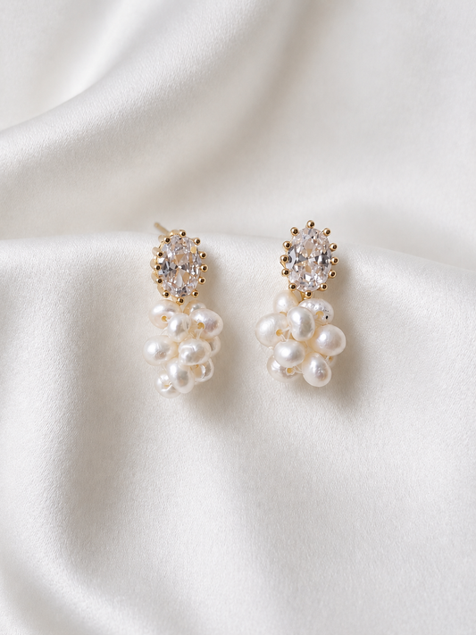 MATILDA  - Petite Cluster Pearl & Crystal Drop Bridal Earrings Silver