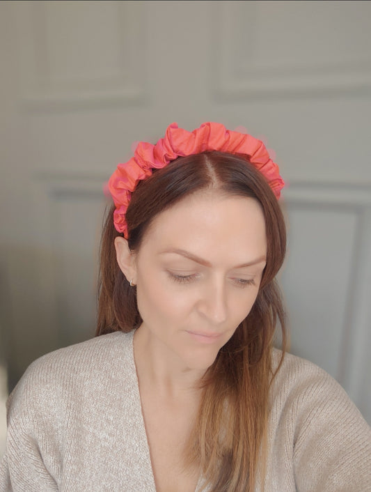 Petite Ruffle Headband - Coral Pink -  Raw Silk