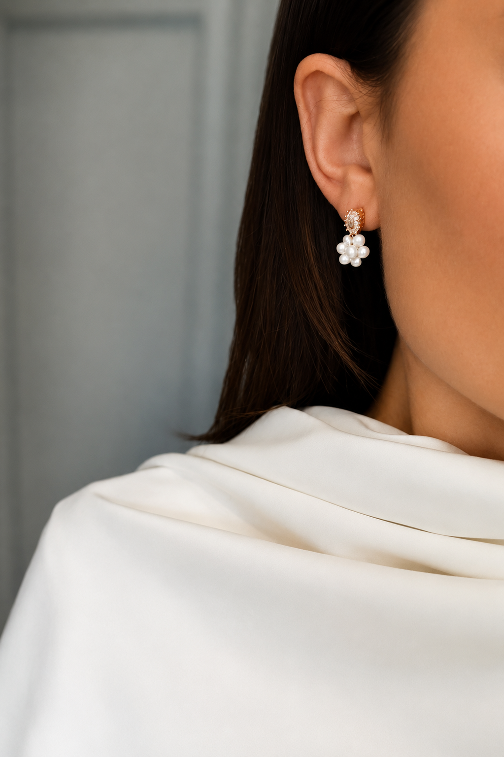 MATILDA  - Petite Cluster Pearl & Crystal Drop Bridal Earrings Silver