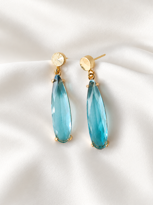 HELEN - Long Crystal Drop Earrings - Aqua