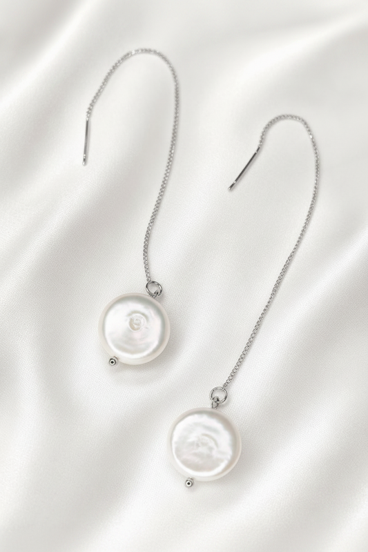 FREYA - Freshwater pearl thread earrings - Silver